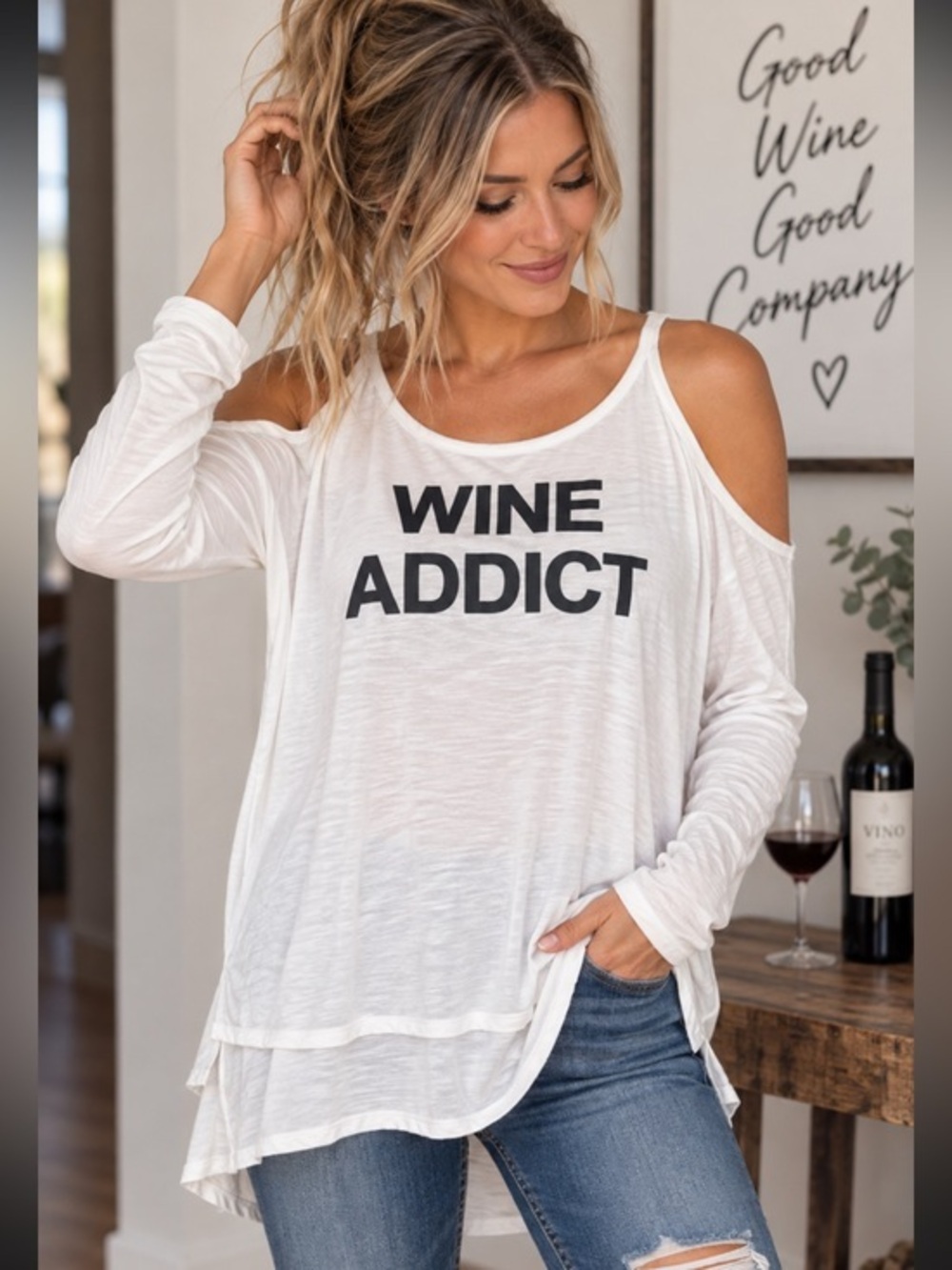 PPLA Wine Addict White Cold Shoulder Long Sleeve Tunic Top Size Small